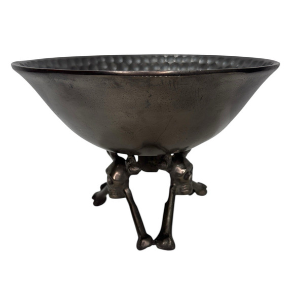 Gothic Hammered Metal Bowl Decorative Centerpiece Skull & Crossbones Base 10" - Picture 2 of 9
